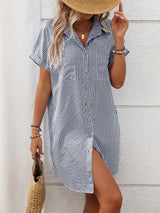 Striped Button Down Short Sleeve Mini Dress - Trendsi - Flyclothing LLC