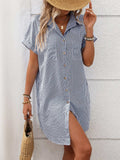 Striped Button Down Short Sleeve Mini Dress - Trendsi - Flyclothing LLC