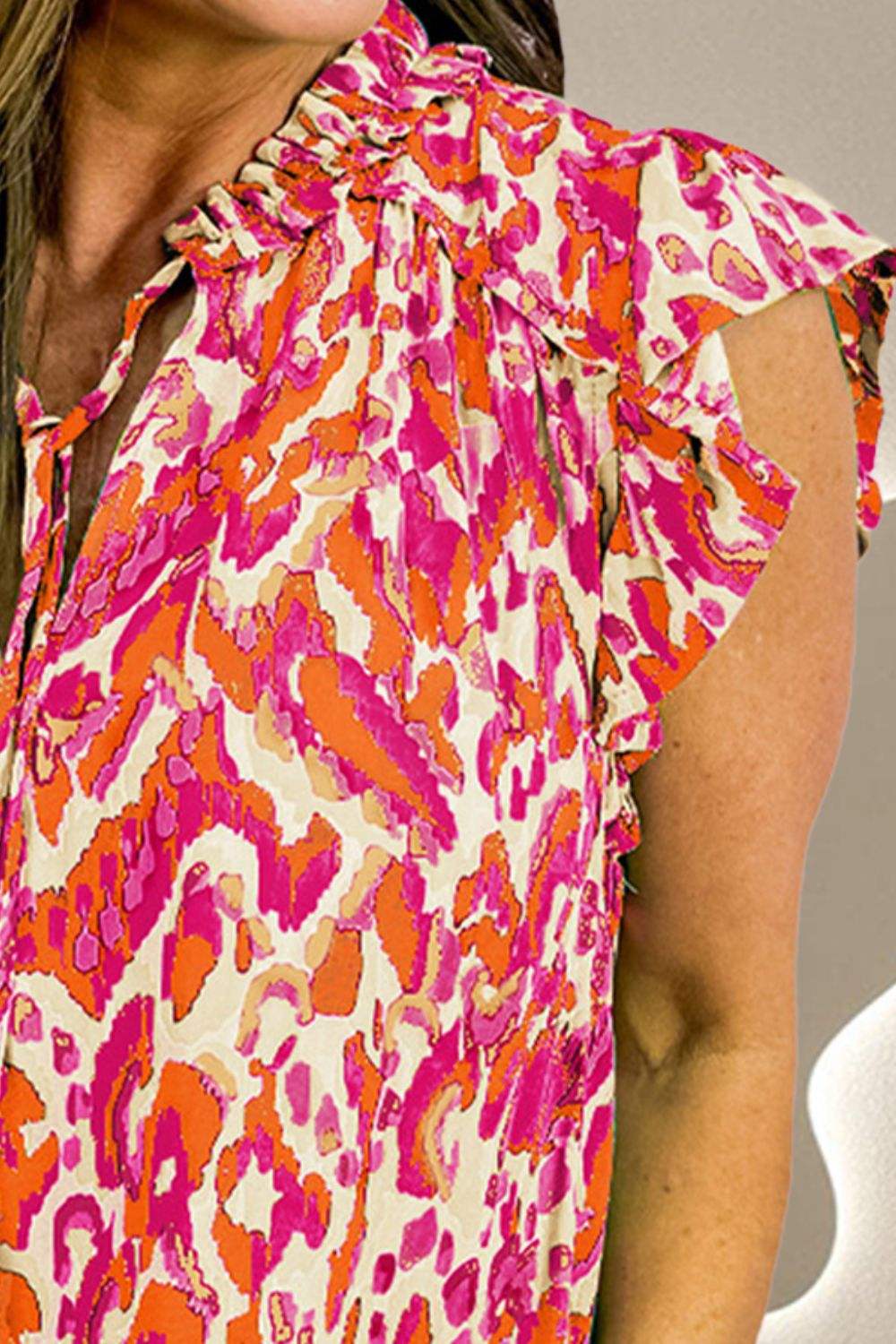 Ruffled Printed Tie Neck Cap Sleeve Blouse - Trendsi - Flyclothing LLC