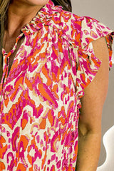 Ruffled Printed Tie Neck Cap Sleeve Blouse - Trendsi - Flyclothing LLC