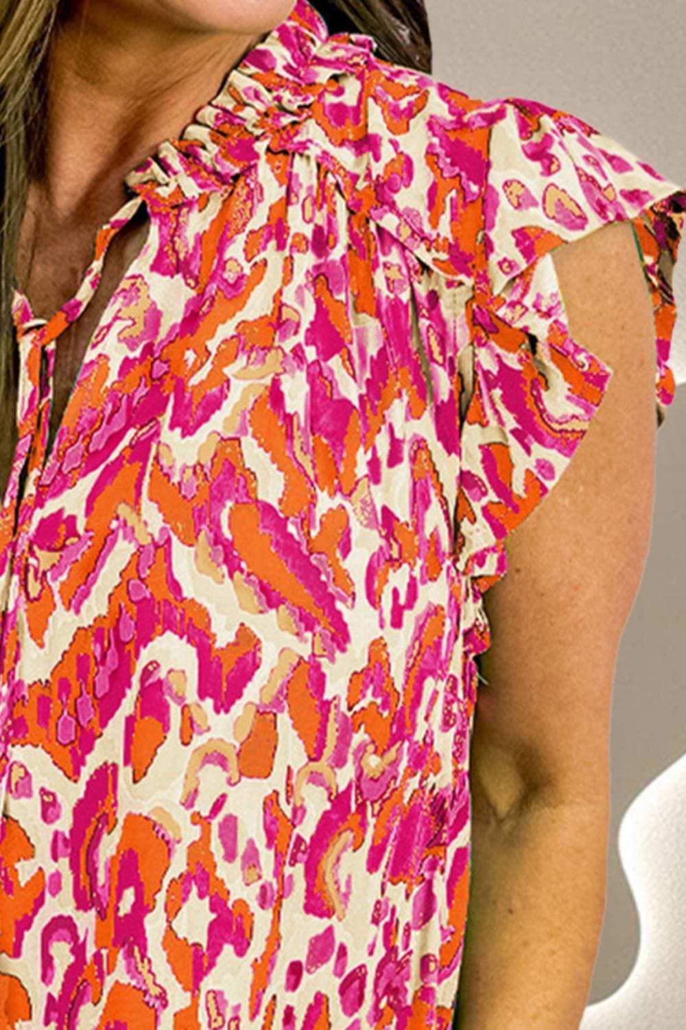 Ruffled Printed Tie Neck Cap Sleeve Blouse - Trendsi - Flyclothing LLC