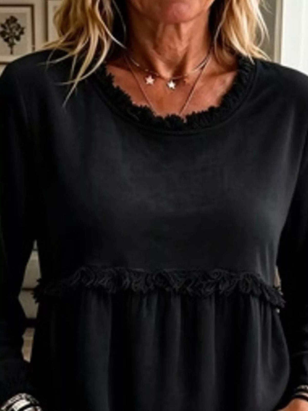 Fringed Hem Long Sleeve T-Shirt - Trendsi - Flyclothing LLC