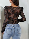 Perfee Sweetheart Neck Long Sleeve Lace Bodysuit - Trendsi