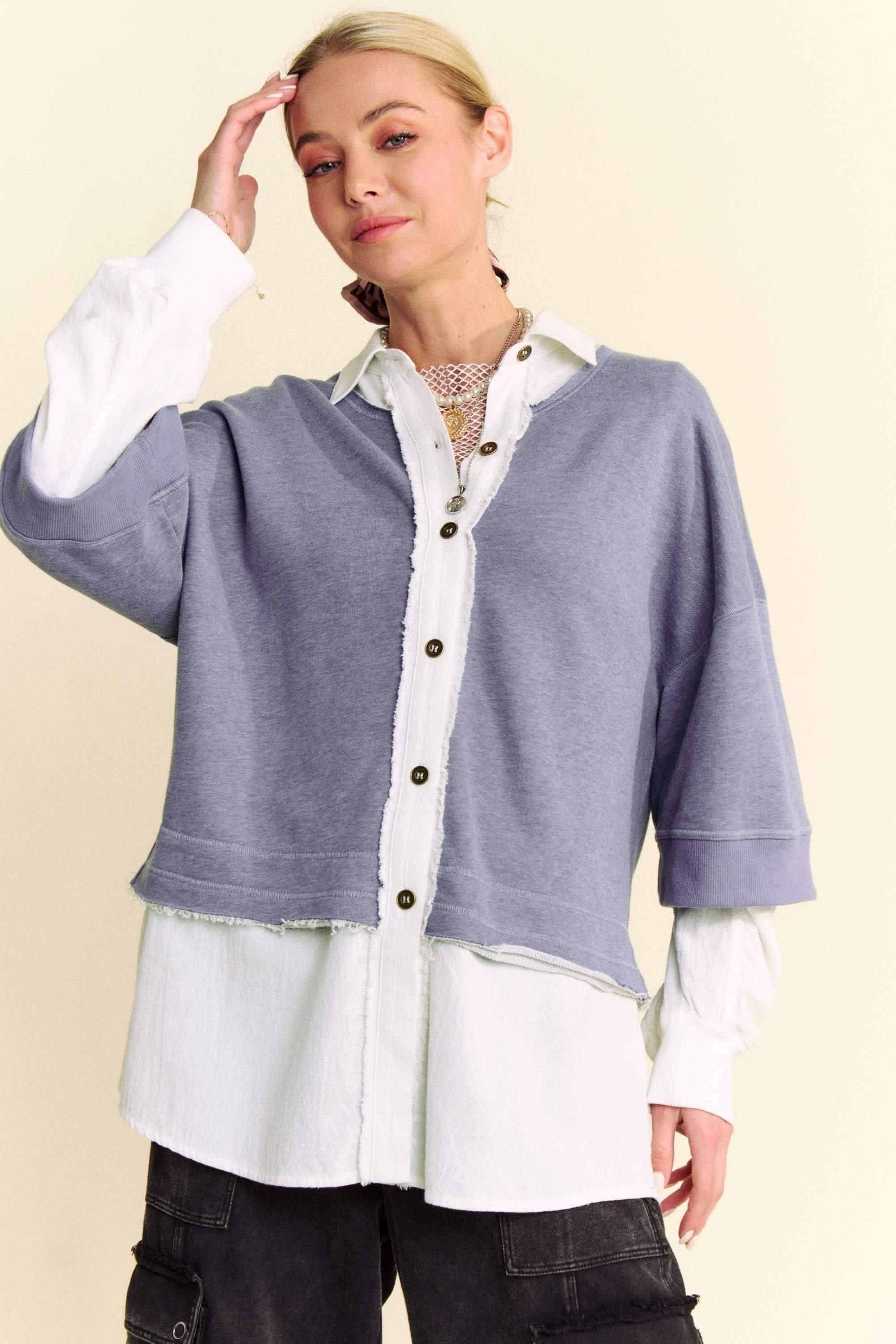 Davi & Dani Faux Layered French Terry Contrast Top - Trendsi - Flyclothing LLC