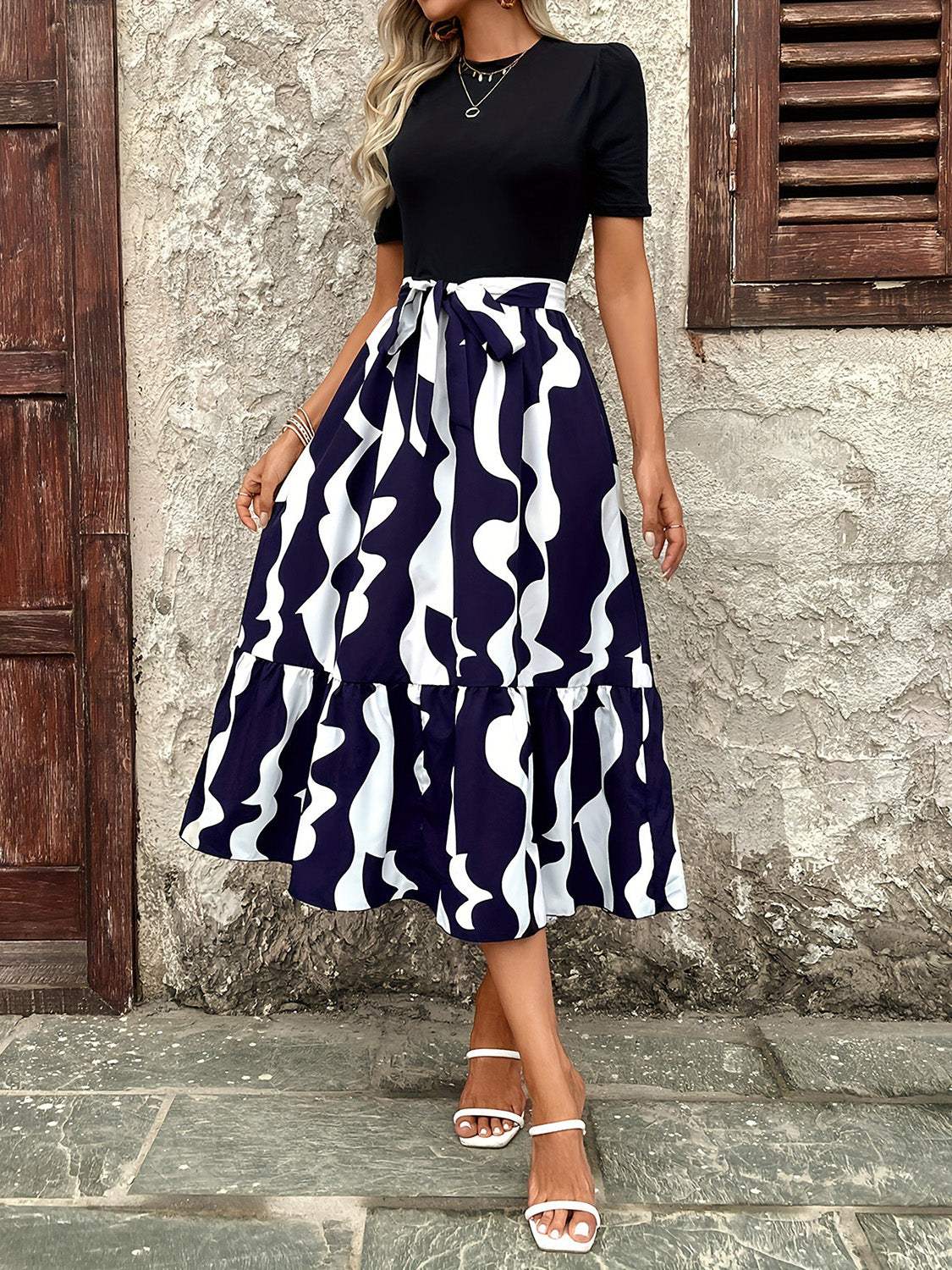 Printed Round Neck Short Sleeve Midi Dress - Trendsi - Flyclothing LLC