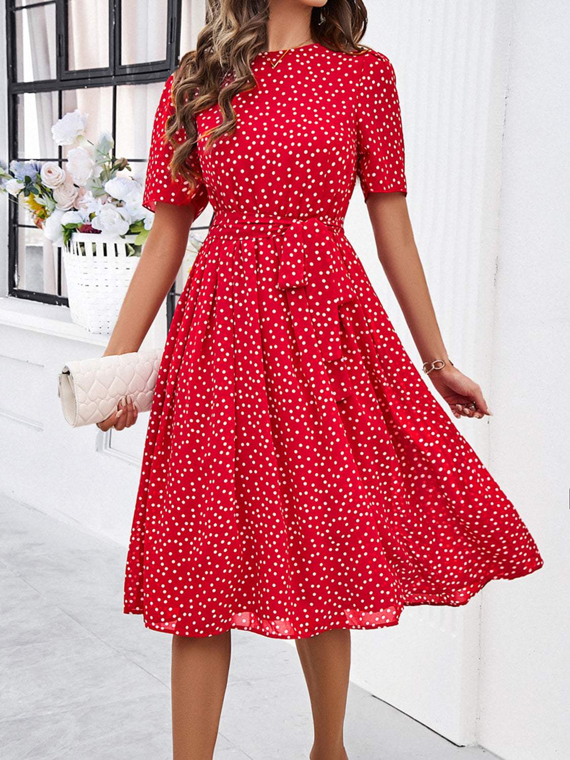 Printed Round Neck Short Sleeve Dress - Trendsi - Flyclothing LLC
