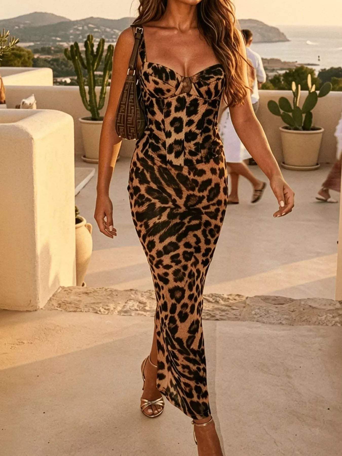 Leopard Sweetheart Neck Maxi Dress - Trendsi - Flyclothing LLC