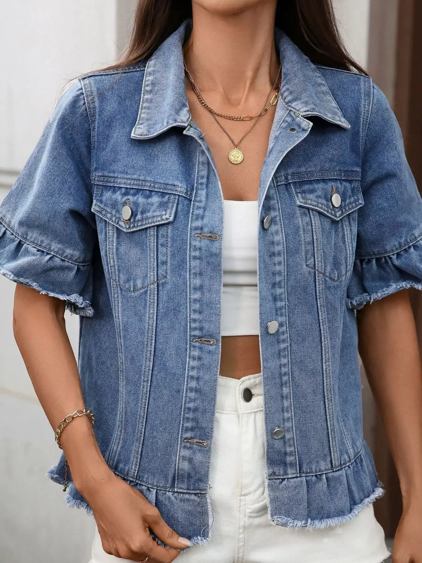 Raw Hem Button Up Denim Jacket - Trendsi - Flyclothing LLC