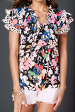 Ruffled Printed Tie Neck Cap Sleeve Blouse - Trendsi - Flyclothing LLC
