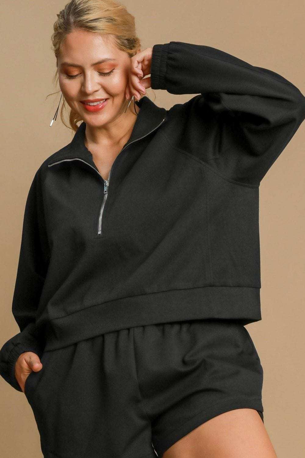 Umgee Full Size Half Zip Cropped Sweatshirt Plus Size - Trendsi - Flyclothing LLC