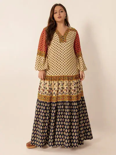 Plus Size Printed V-Neck Long Sleeve Maxi Dress - Trendsi - Flyclothing LLC