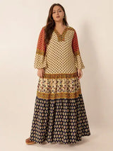 Plus Size Printed V-Neck Long Sleeve Maxi Dress - Trendsi - Flyclothing LLC