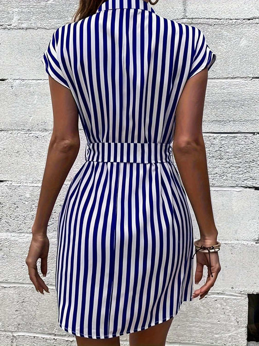 Tied Striped Cap Sleeve Mini Dress - Trendsi - Flyclothing LLC