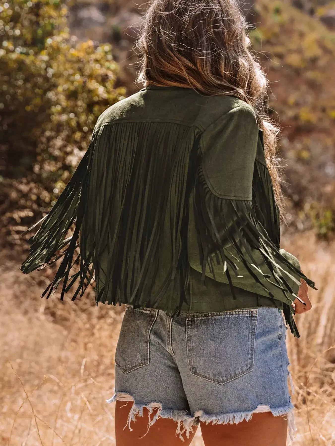 Cropped Fringe Faux Suede Jacket - Trendsi - Flyclothing LLC