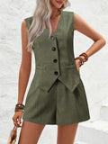 V-Neck Button Down Vest and Shorts Set - Trendsi - Flyclothing LLC