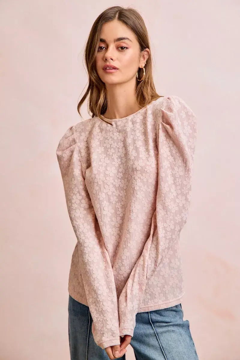 BiBi Textured Flower Knit Puff Shoulder Top - Trendsi - Flyclothing LLC