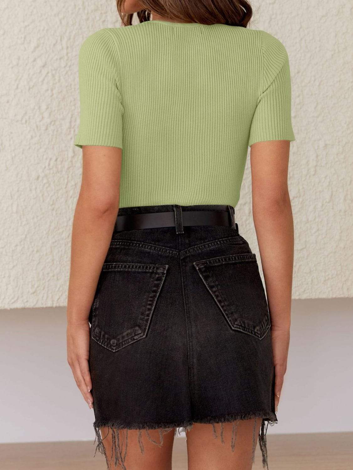 Mandy Ribbed Round Neck Short Sleeve Knit Top - Trendsi - Flyclothing LLC
