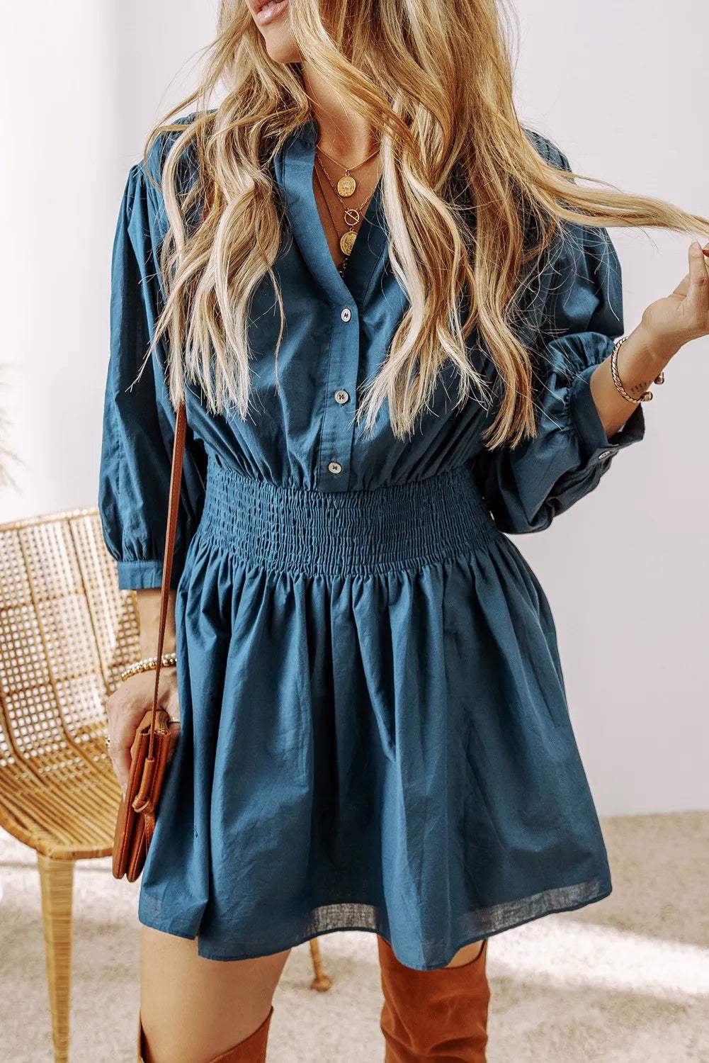 Smocked Half Button Three-Quarter Sleeve Mini Dress - Trendsi - Flyclothing LLC