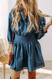 Smocked Half Button Three-Quarter Sleeve Mini Dress - Trendsi - Flyclothing LLC