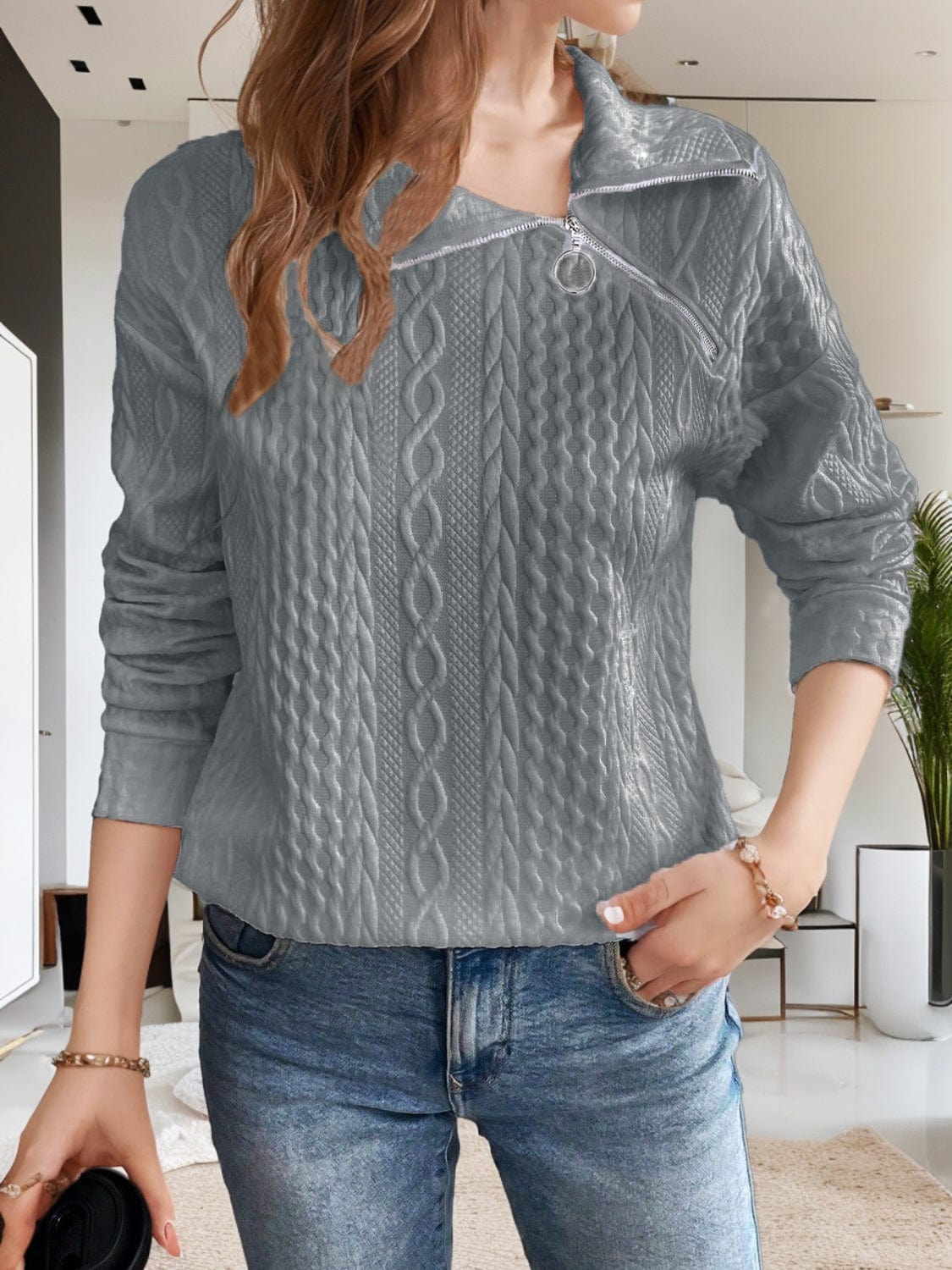 Oblique Zipper Collared Neck Long Sleeve Sweatshirt - Trendsi
