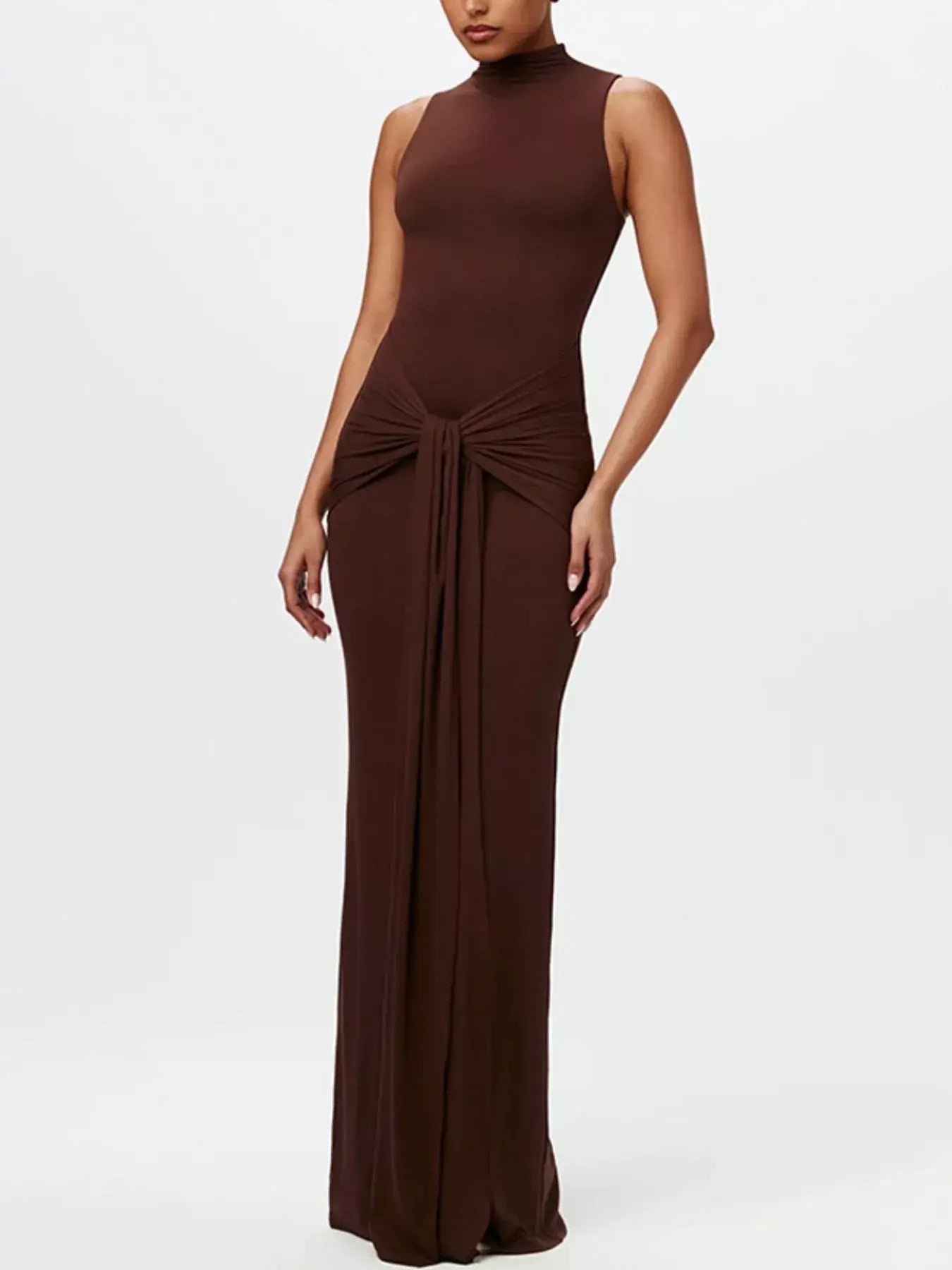 Sleeveless Mock Neck Knot Front Maxi Dress - Trendsi - Flyclothing LLC