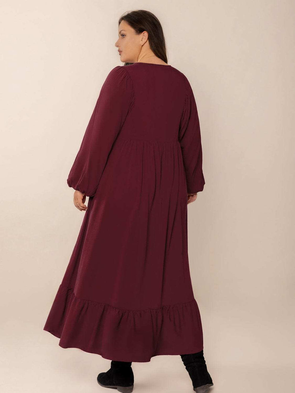 Plus Size Ruffled Hem V-Neck Balloon Sleeve Dress - Trendsi - Flyclothing LLC