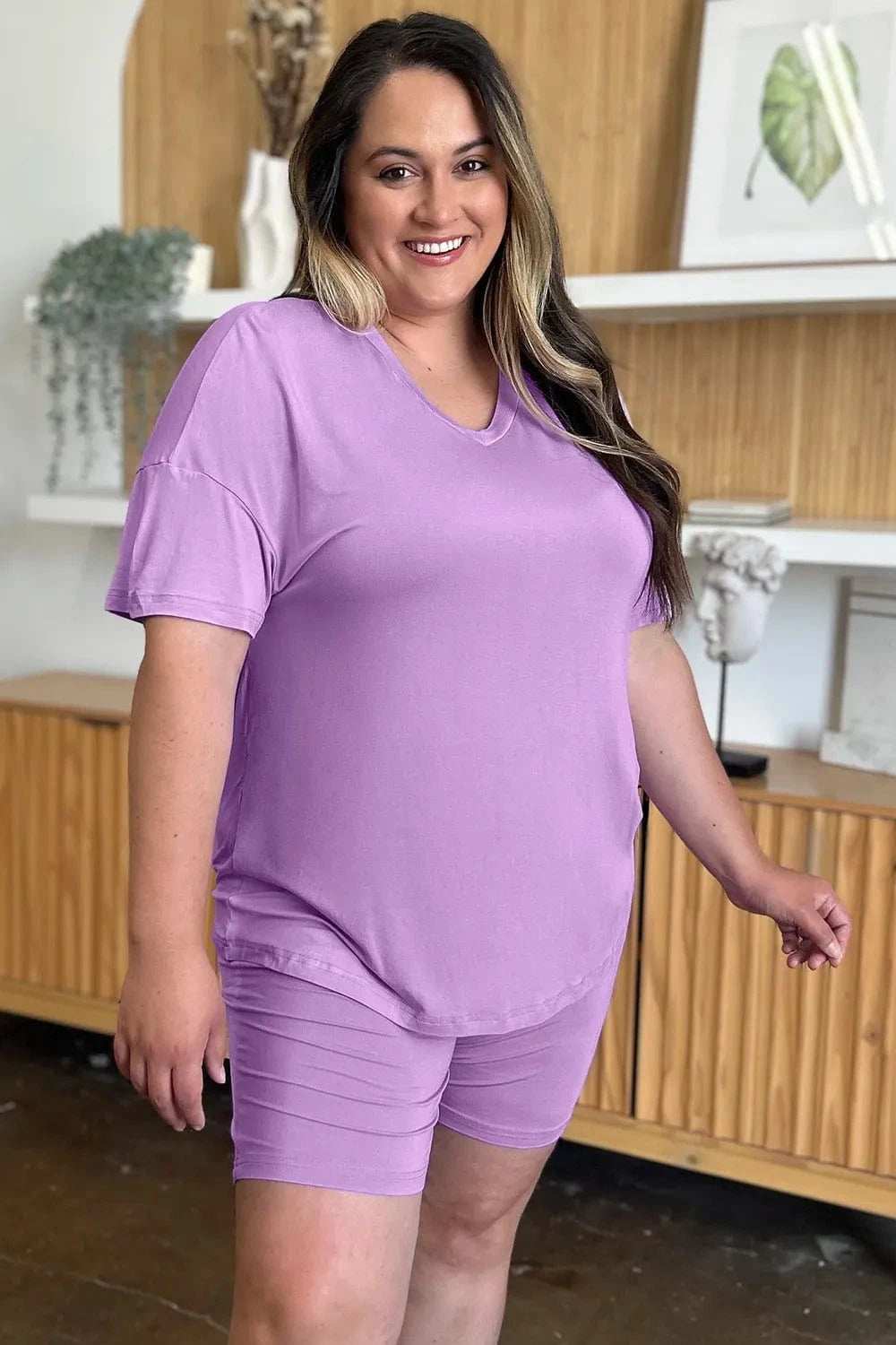 Basic Bae Bamboo Full Size V-Neck Drop Shoulder T-Shirt and Shorts Set - Trendsi - Flyclothing LLC