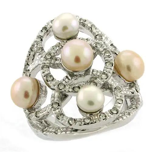 6X087 - Rhodium Brass Ring with Semi-Precious Pearl in Multi Color - Alamode
