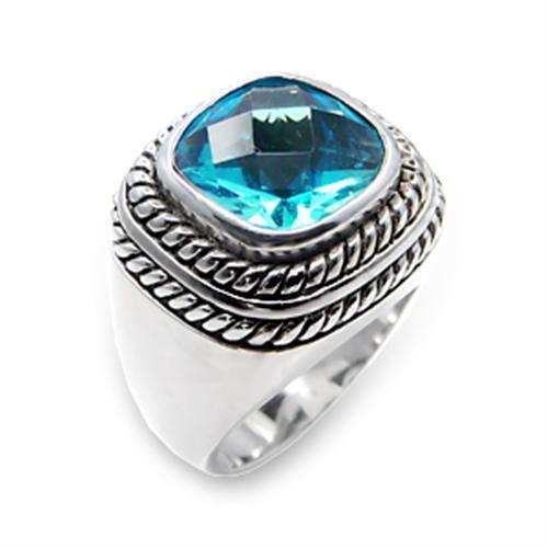6X209 - Rhodium 925 Sterling Silver Ring with Synthetic Spinel in Sea Blue - Alamode - Flyclothing LLC