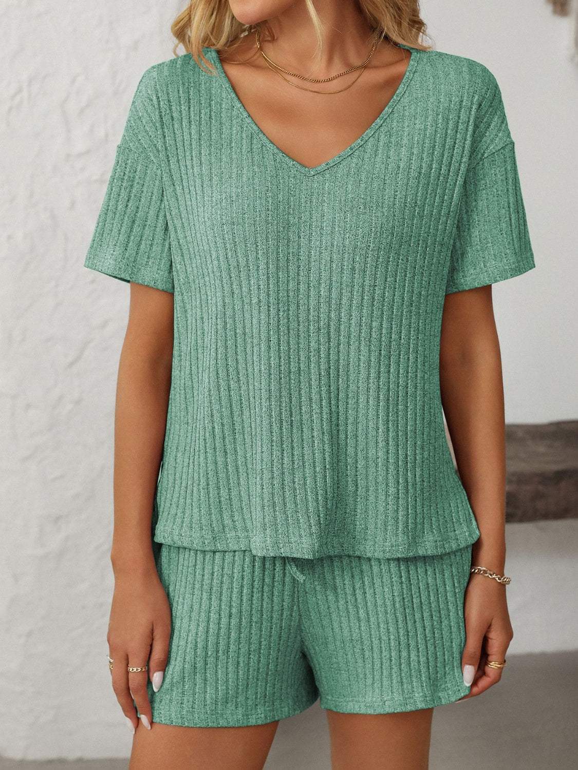 Mandy V-Neck Short Sleeve Top and Shorts Set - Trendsi - Flyclothing LLC