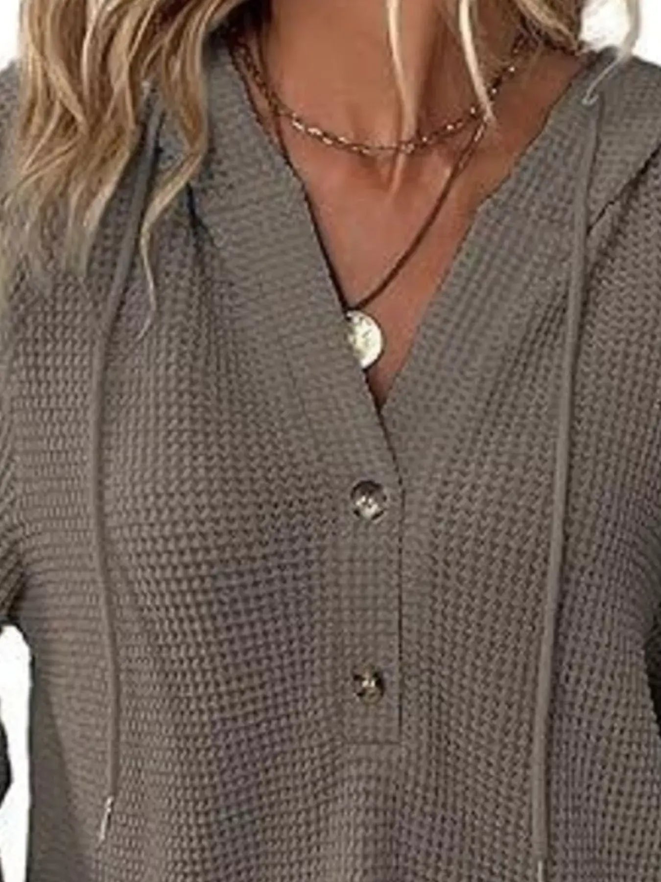 Full Size Button Detail Waffle Knit Hoodie Plus Size - Trendsi - Flyclothing LLC
