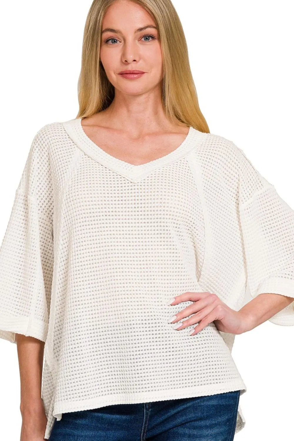 Zenana Brushed Waffle Exposed-seam 3/4 Sleeve Top - Trendsi