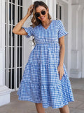 Plaid V-Neck Short Sleeve Midi Dress - Trendsi