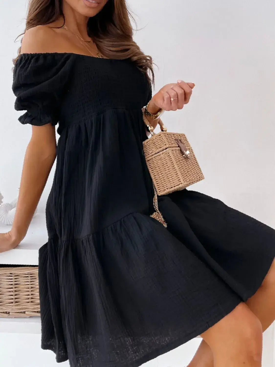Smocked Off-Shoulder Mini Dress - Trendsi - Flyclothing LLC