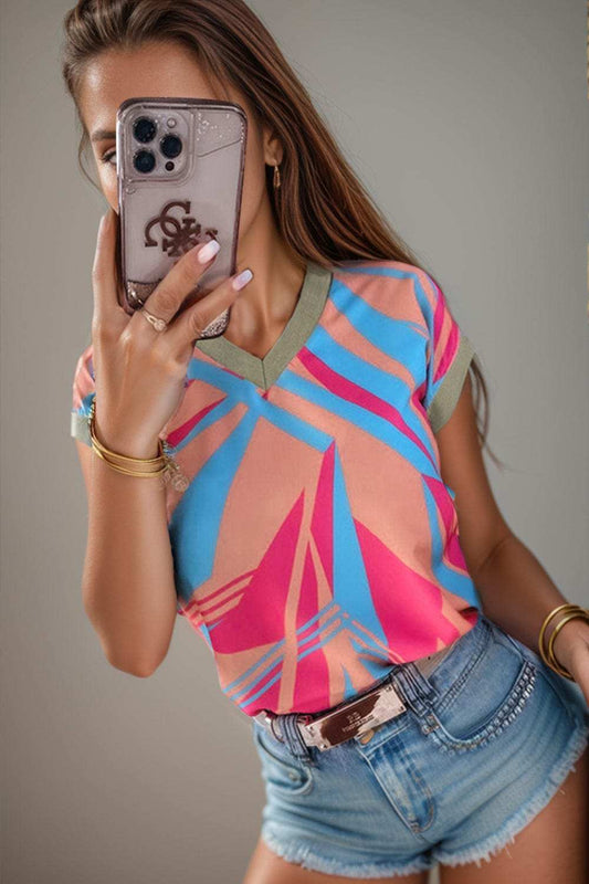 Contrast V-Neck Cap Sleeve Blouse - Trendsi - Flyclothing LLC