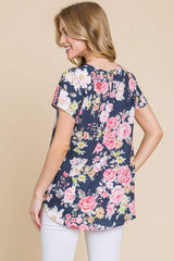 BOMBOM Floral Round Neck Short Sleeve T-Shirt - Trendsi - Flyclothing LLC