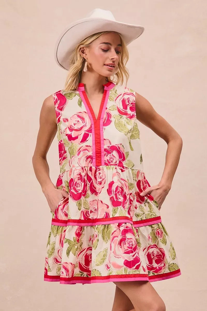 BiBi Floral Woven Contrast Edge Tiered Ruffle Mini Dress - Trendsi - Flyclothing LLC