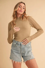 Aemi+Co Mock Neck Ribbed Knit Top with Crochet Sleeve - Trendsi - Flyclothing LLC