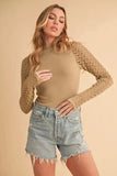 Aemi+Co Mock Neck Ribbed Knit Top with Crochet Sleeve - Trendsi