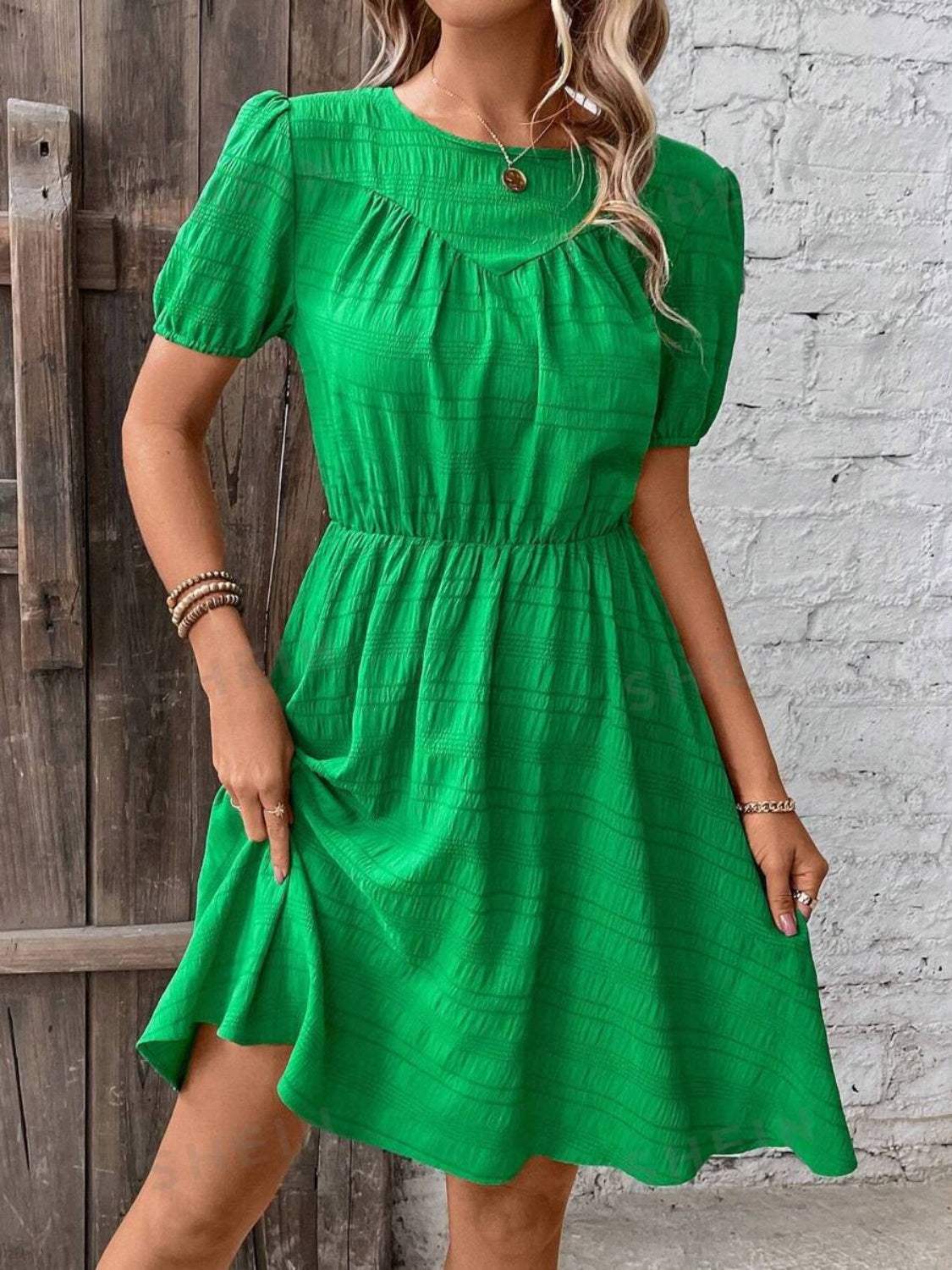 Ruched Round Neck Short Sleeve Mini Dress - Trendsi - Flyclothing LLC