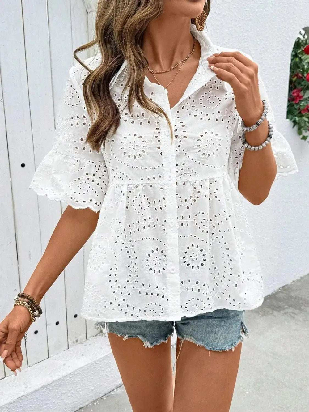 Eyelet Solid Collared Neck Half Sleeve Shirt - Trendsi - Flyclothing LLC