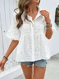 Eyelet Solid Collared Neck Half Sleeve Shirt - Trendsi - Flyclothing LLC