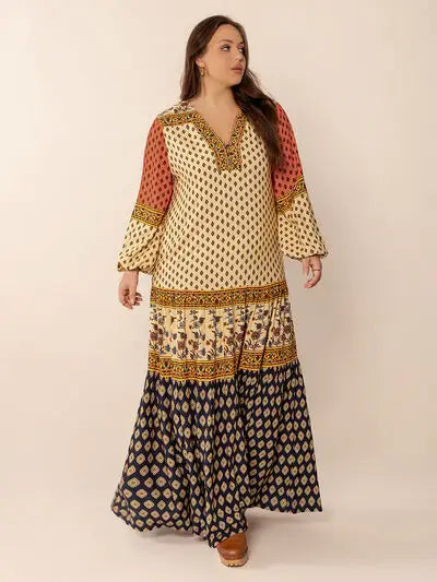 Plus Size Printed V-Neck Long Sleeve Maxi Dress - Trendsi - Flyclothing LLC