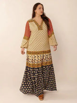 Plus Size Printed V-Neck Long Sleeve Maxi Dress - Trendsi - Flyclothing LLC