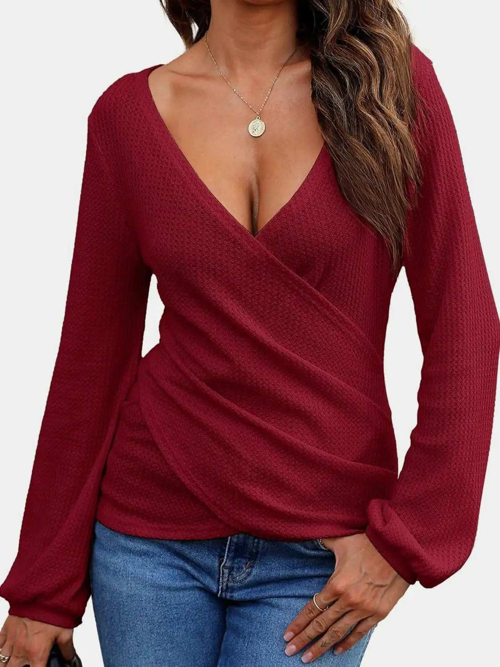 Waffle Knit Surplice Long Sleeve T-Shirt - Trendsi - Flyclothing LLC