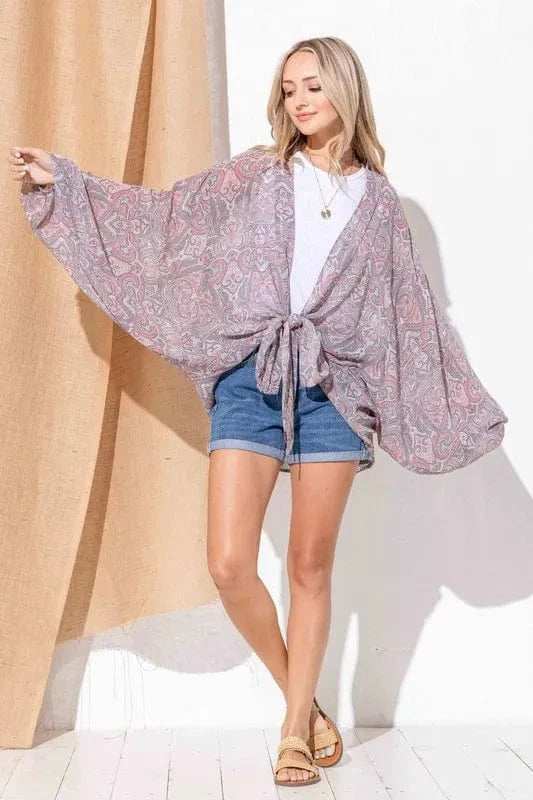 And The Why Sheer Front Tie Knot Oversized Kimono Wrap Cover Up - Trendsi - Flyclothing LLC