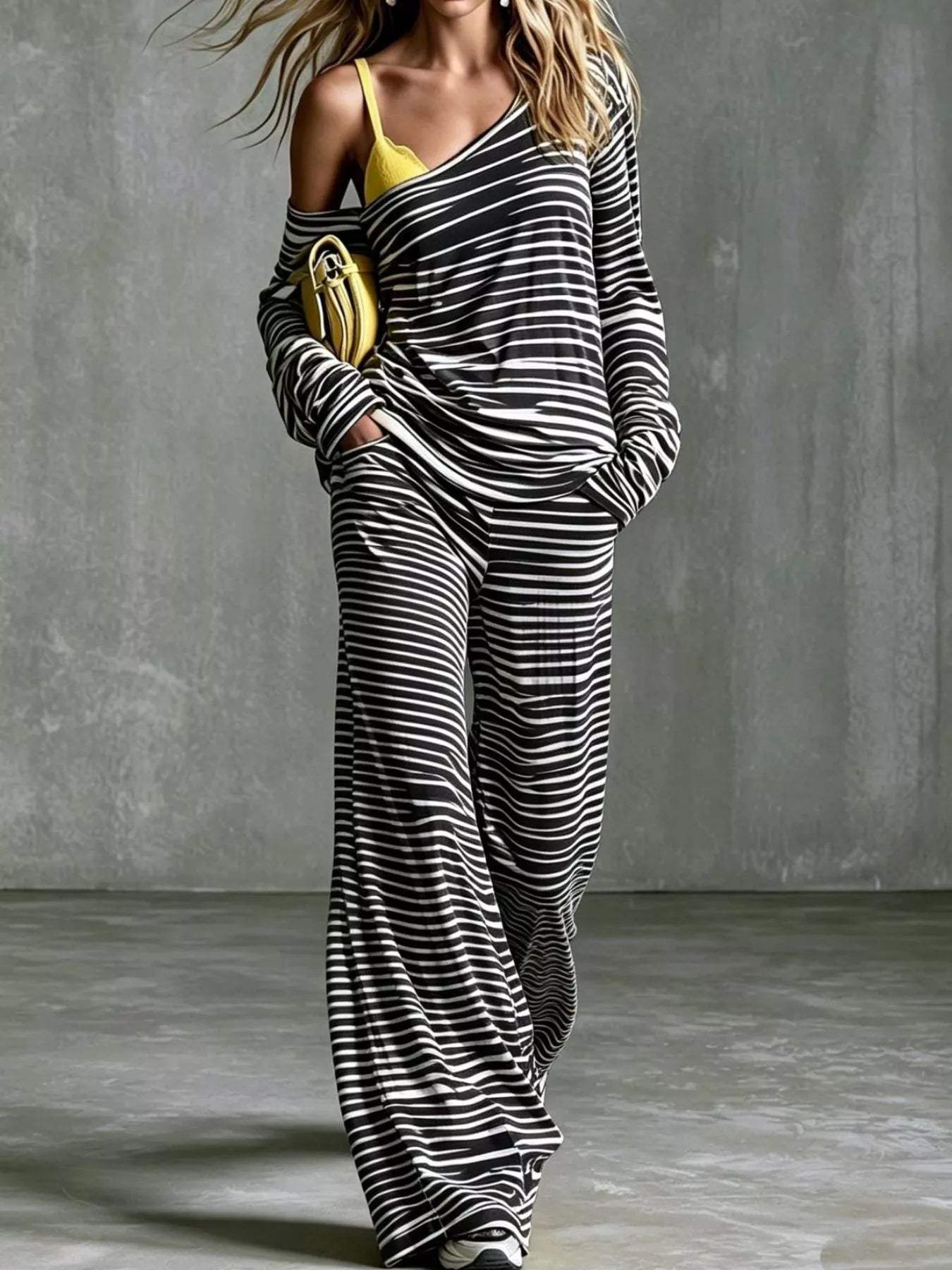 Striped Boat Neck Top and Pants Set - Trendsi - Flyclothing LLC