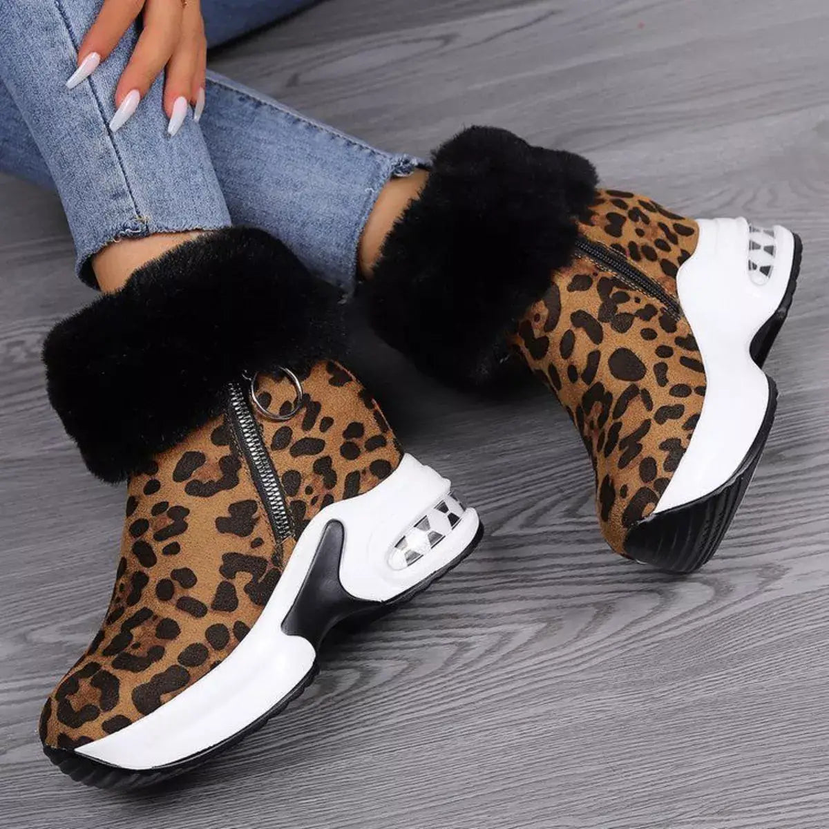Fuzzy Side Zipper Platform Ankle Boots - Trendsi - Flyclothing LLC