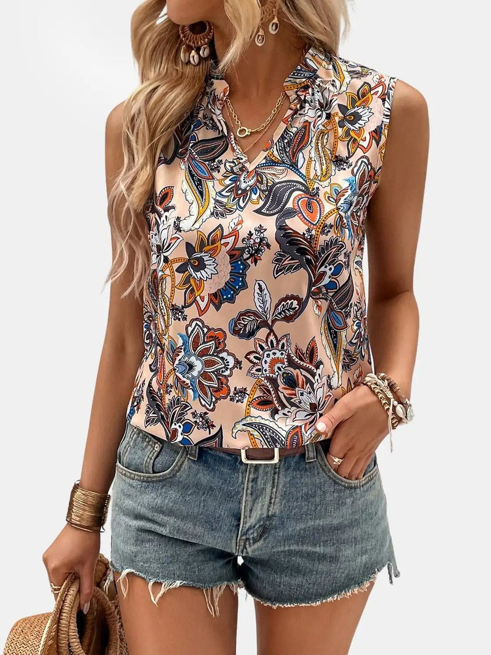 Printed Notched Sleeveless Top - Trendsi