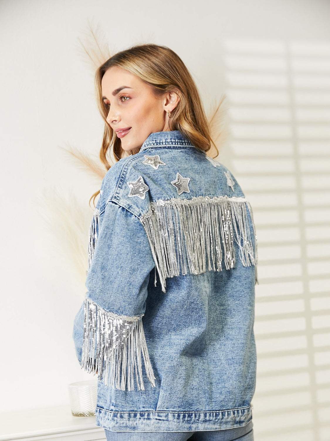 Fringe Detail Long Sleeve Denim Jacket - Trendsi - Flyclothing LLC